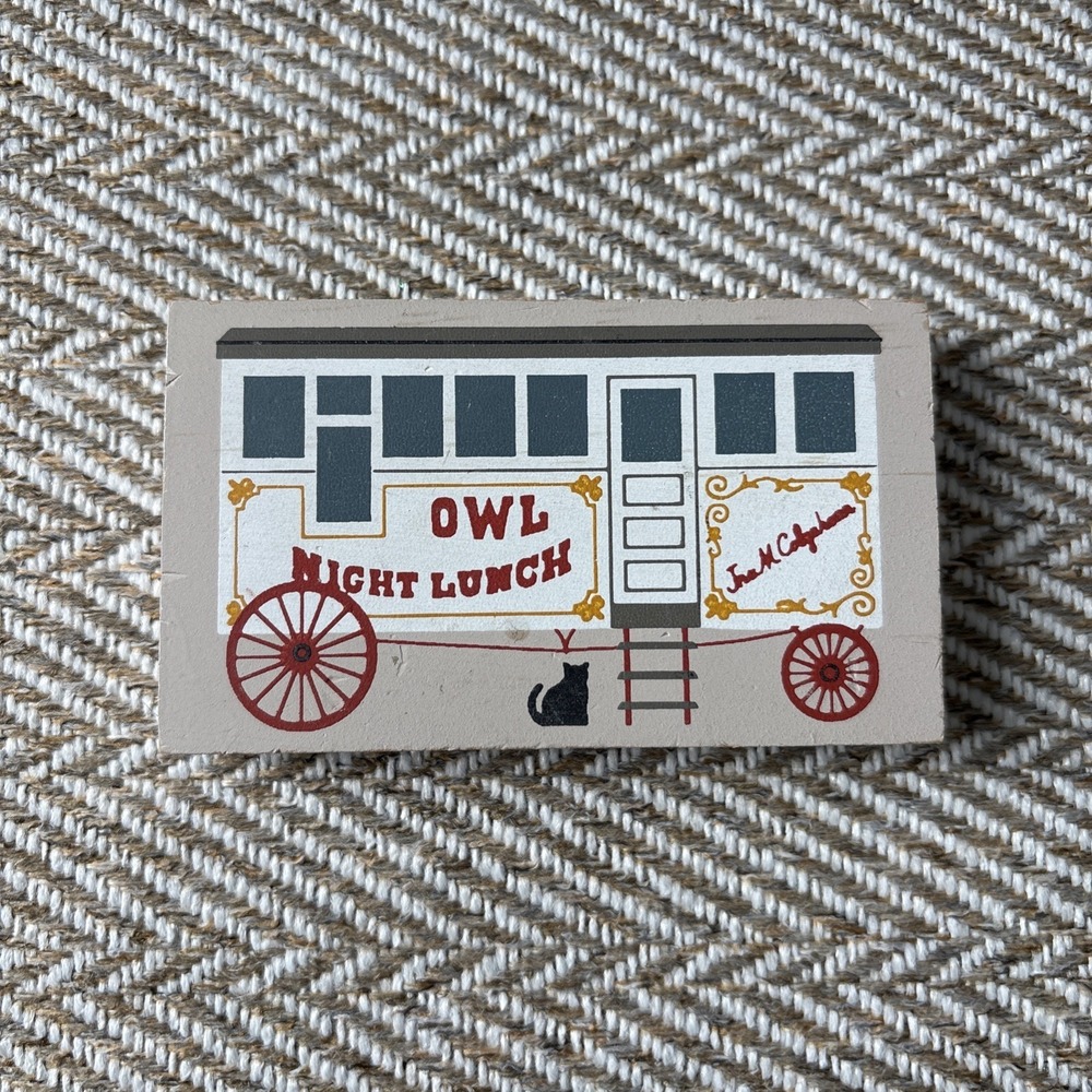 Cat's Meow Wood Shelf Sitter Figurine Owl Night Lunch Wagon Cart 1990